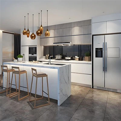 خزائن المطبخ الأبيض مع الحبوب الخشبية